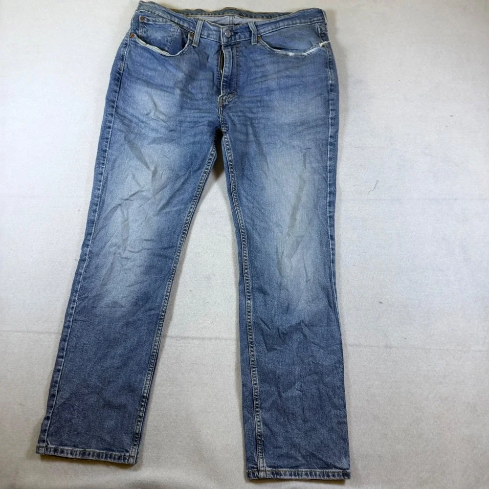 Levis 514 Straight Fit Jeans Mens 36x30 Blue Medium Wash Distressed Thrashed